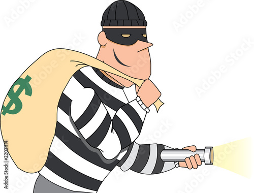 Portrait of Burglar holding bag of money and flashlight