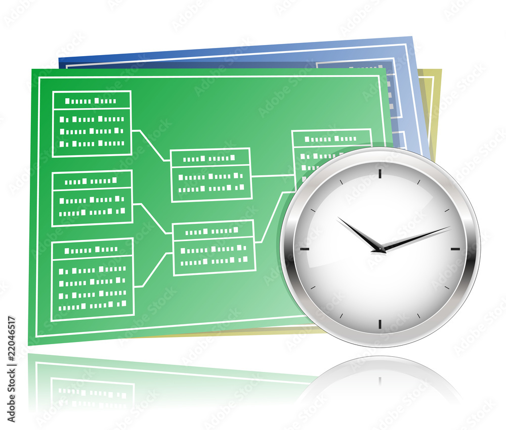 Time schedule planning. A Clock and UML Diagram. Stock-Vektorgrafik