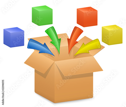 Vector illustration of cardboard box and color arrows.