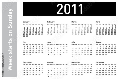 Simple 2011 Calendar, week starts, on Sunday