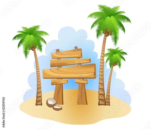 Palm trees and wooden sign