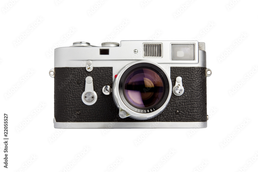 Old rangefinder vintage camera on white background
