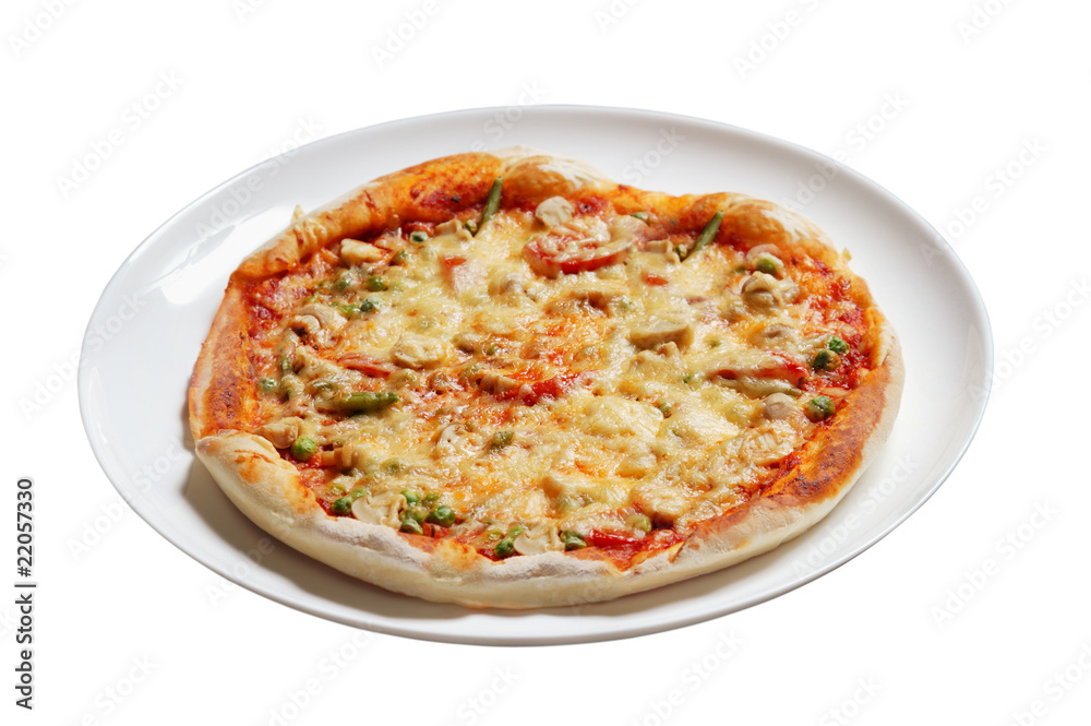 Pizza with mushrooms and peas isolated on white background Pizza with mushrooms and peas isolated on white background