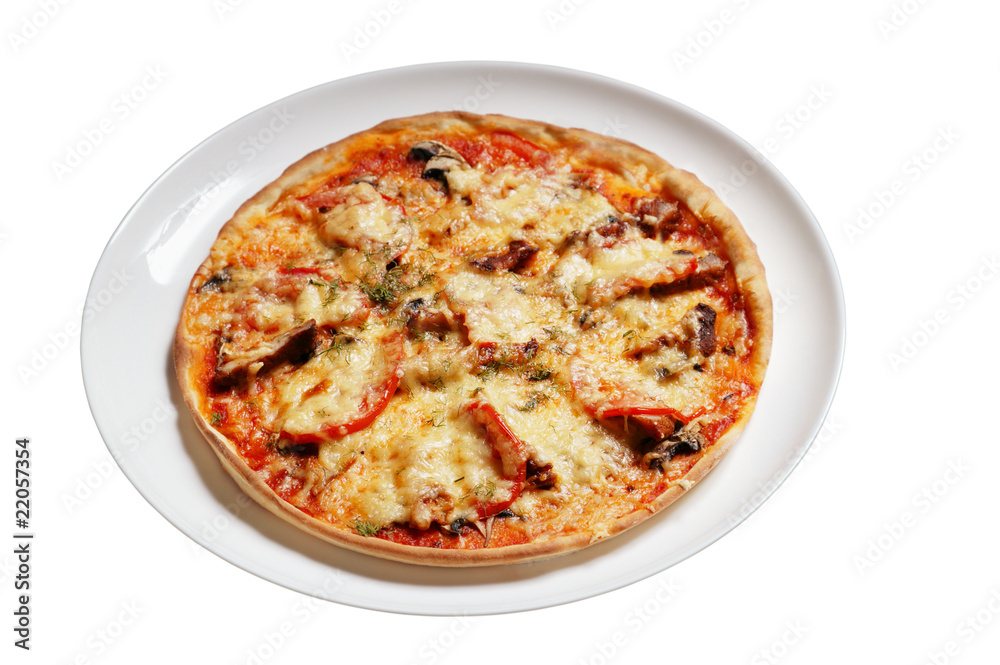 Pizza with bacon and tomatoes isolated on white background