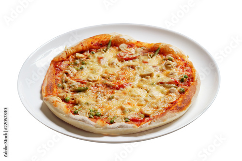 Pizza with mushrooms and peas isolated on white background