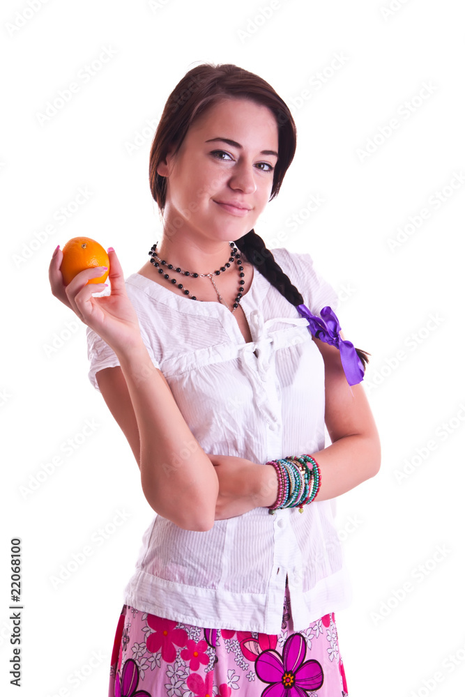 a woman in shirt with an orange a woman in shirt with an orange