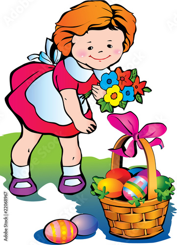 Beautiful girl with basket of paschal eggs. Happy easter.