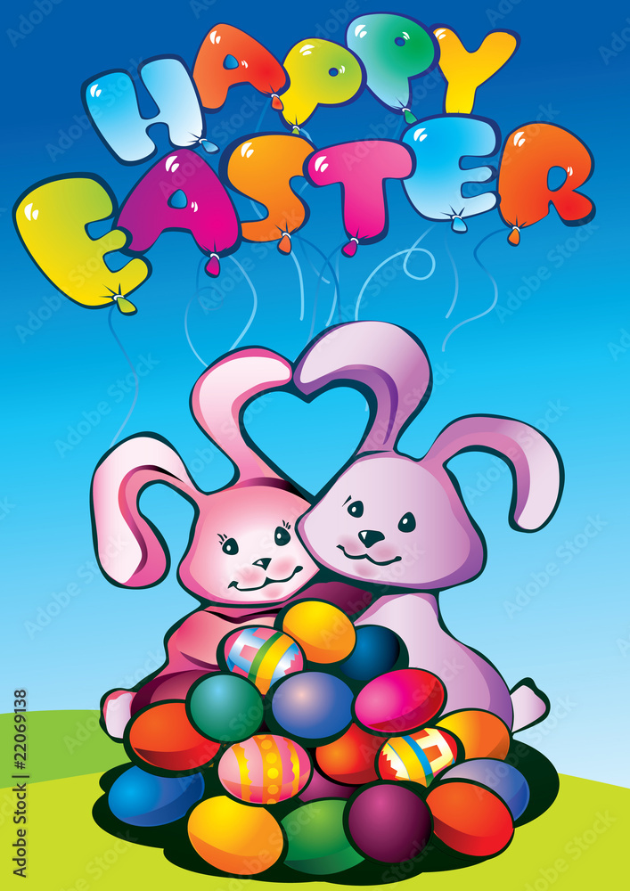 Obraz premium Two easter bunnies with paschal eggs. Happy Easter.