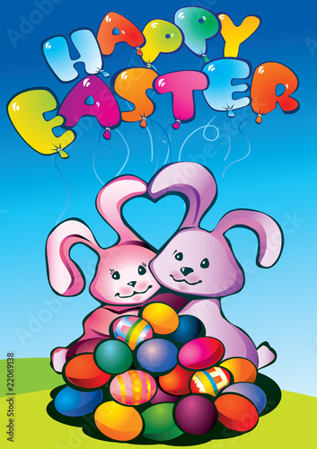 Two easter bunnies with paschal eggs. Happy Easter.