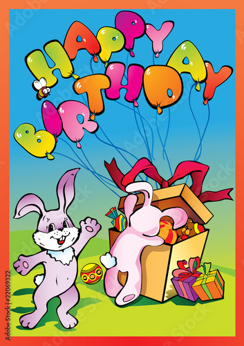 Birthday postcard with rabbits. Vector art-illustration.
