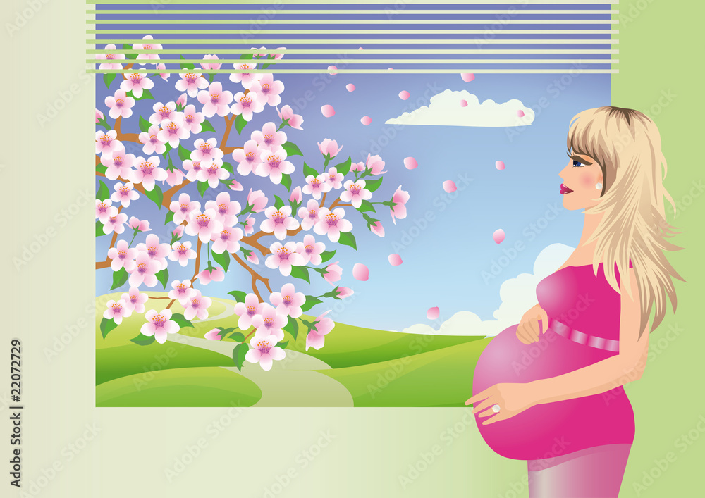 Sweet expectation seasons, spring. pregnant woman is by window