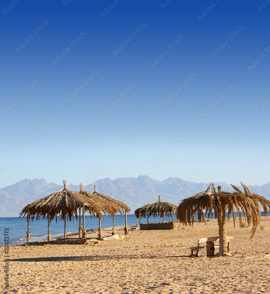 Resort image with blue sky, sandy beach and palms