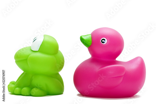 toy rubber group with frog duck isolated on white background