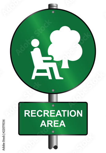 Recreation area graphic and text sign mounted on post