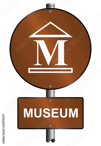 Museum graphic and text sign mounted on post