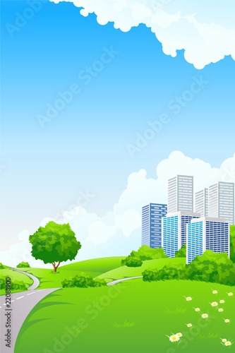 Landscape - green hills with tree and cityscape