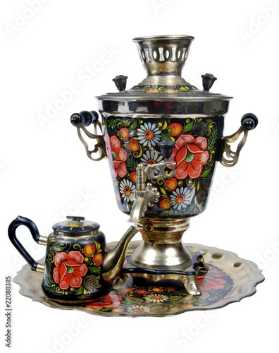 decorated samovar, teapot and tray on a white background