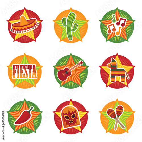 Mexican icons vector clipart red green yellow sombrero cactus pinata maraca fiesta badges isolated on white