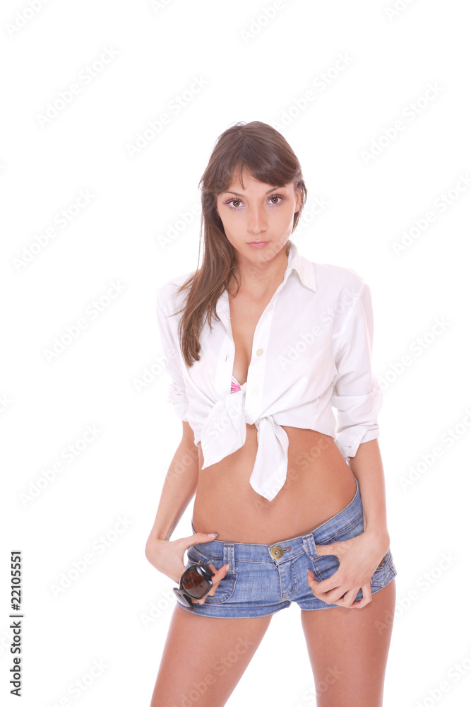 young woman in jeans shorts young woman in jeans shorts