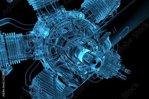 3D rendered blue transparent glowing engine
