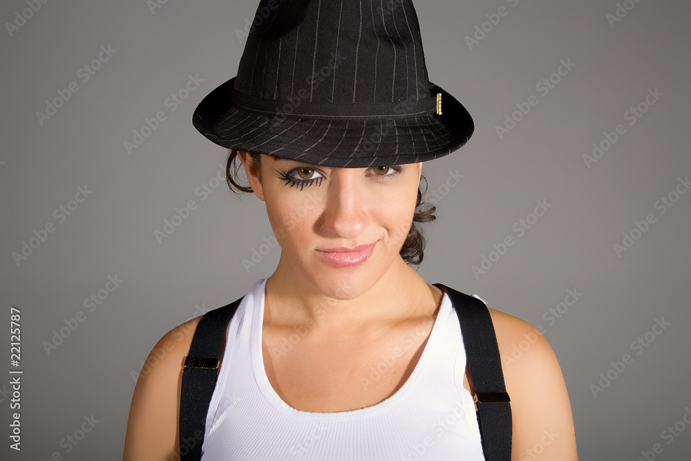 young .woman with great makeup on wearing hat young .woman with great makeup on wearing hat