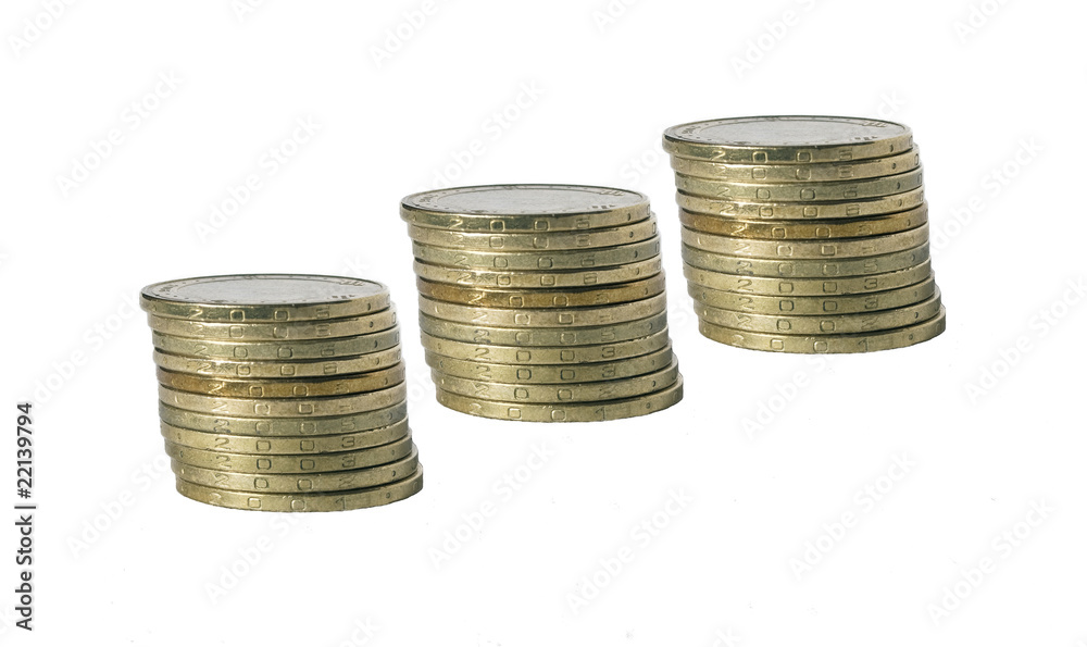 three columns of coins on white background three columns of coins on white background