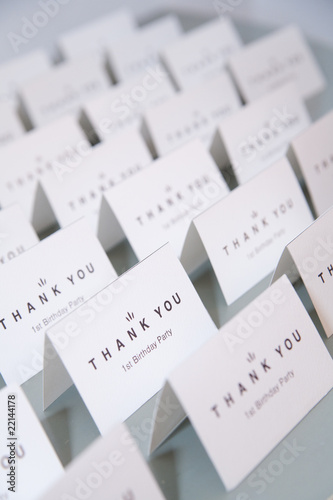 A closeup of thanks cards