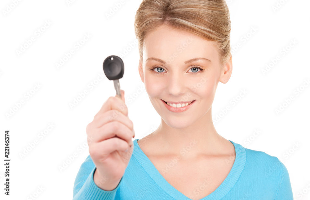 happy woman with car key