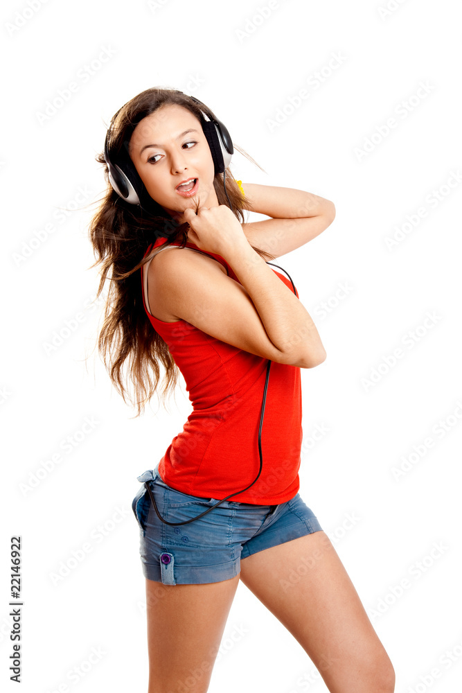 Fototapeta premium Young girl listen music