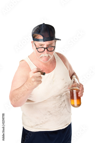 Canvastavla Obese man in tee shirt on white background