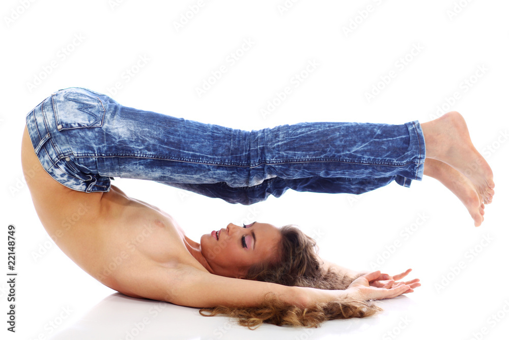 Fototapeta premium topless girl in a blue jeans