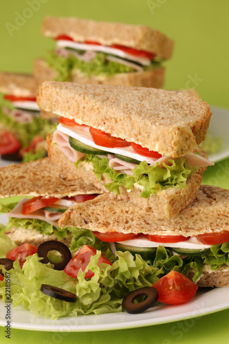 Healthy sandwiches with ham, camembert and vegetables