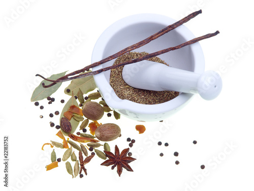 spices, herbs, mortar and pestle