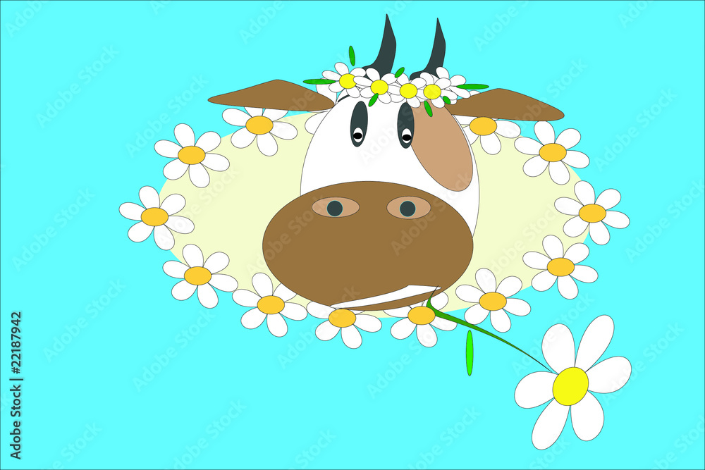 Cow with flowers  at the blue background.