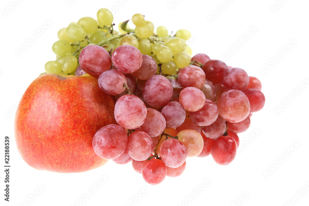 Grapes clusters and apple. isolated. white background.