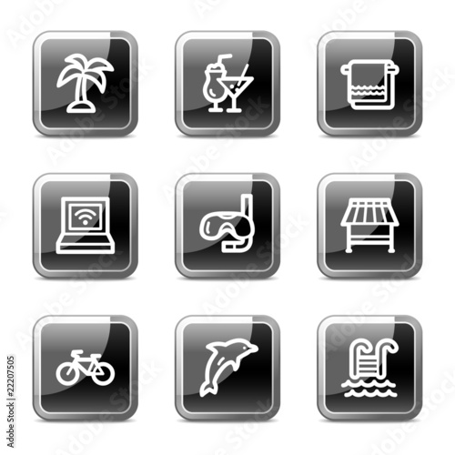Vacation web icons, black square glossy buttons series