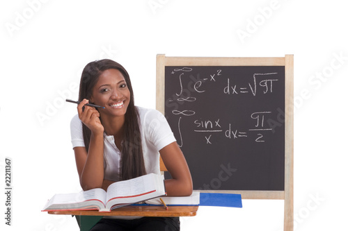 Black college student woman studying math exam