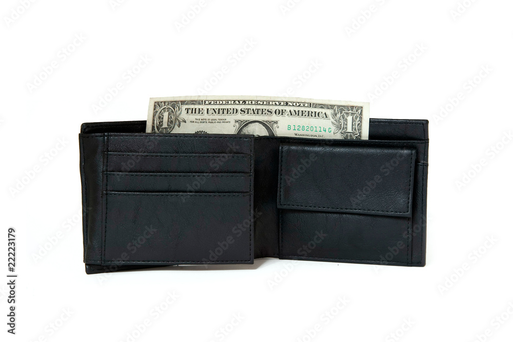black leather wallet with dollar isolated on white - obrazy, fototapety, plakaty 