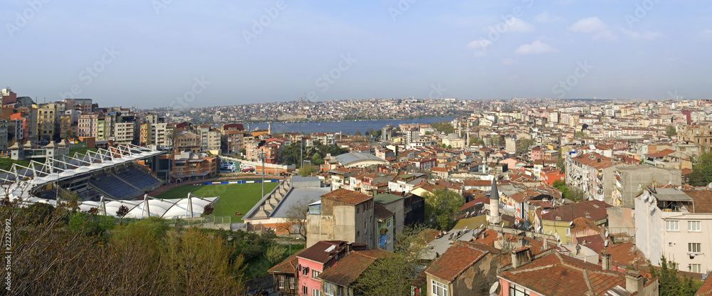 Panoramic cityscape over a residential area with sports stadium