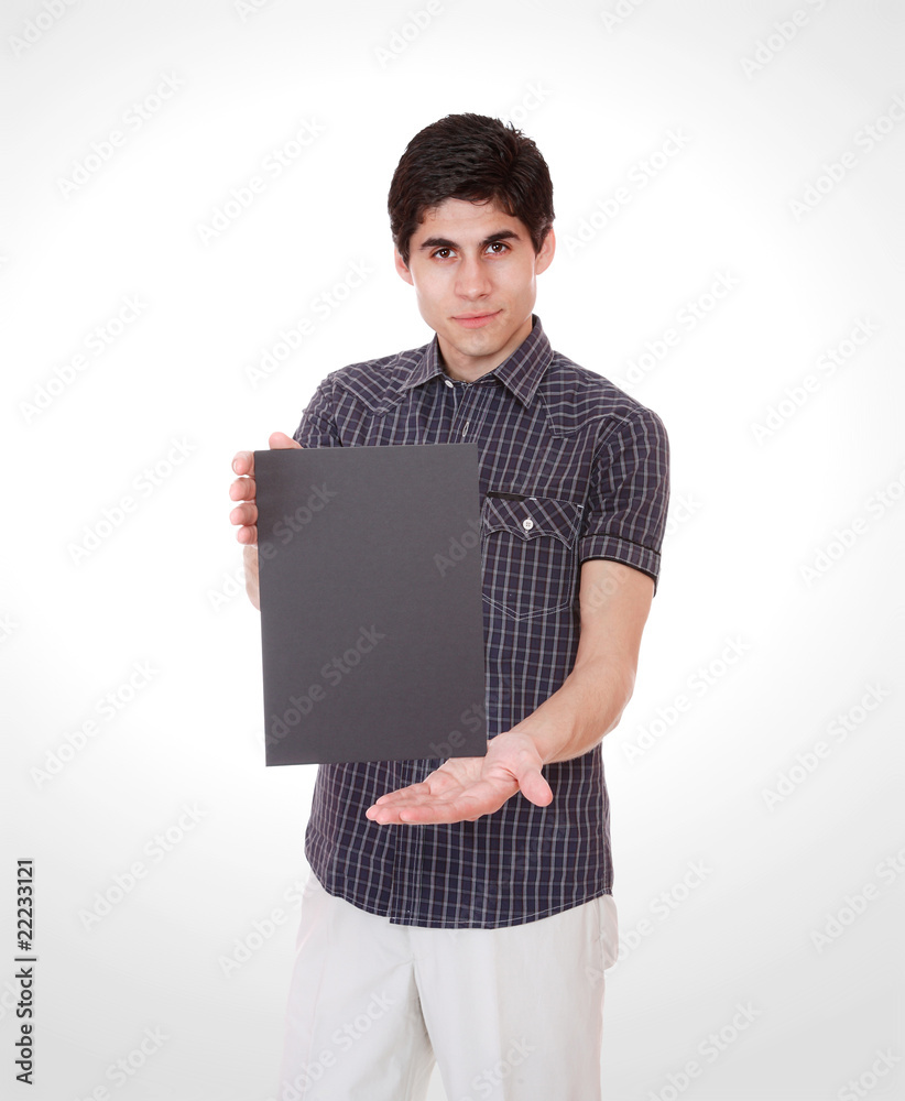 casual man holding an add casual man holding an add