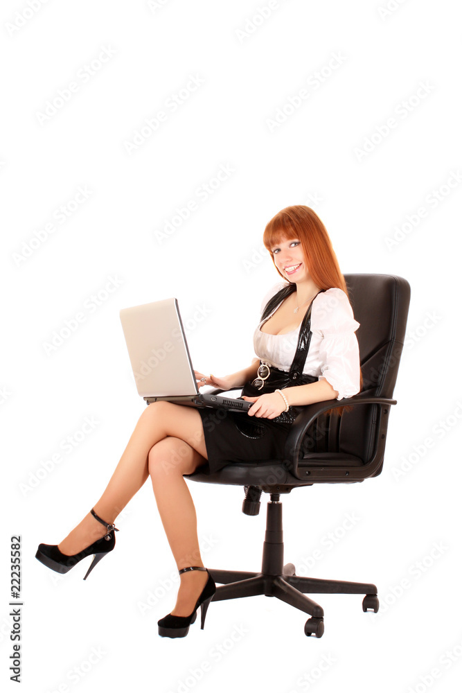 businesswoman in chair with laptop on white background businesswoman in chair with laptop on white background