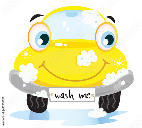 Car wash service - happy yellow automobile. VECTOR