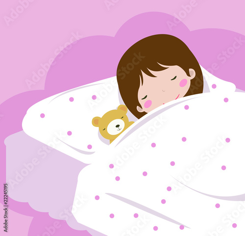 girl sleeping in the bed with her teddy bear