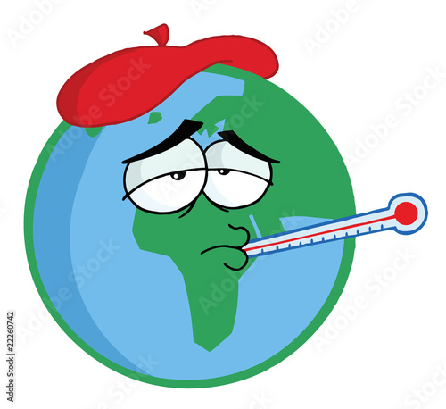 Sick Planet Earth Wearing An Ice Pack, A Thermometer