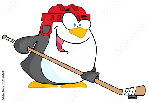 Happy Penguin Playing Ice Hockey