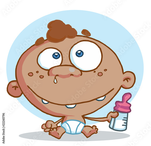 Black Baby In A Diaper, Holding A Bottle
