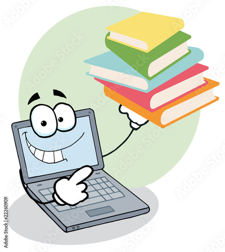 Laptop Cartoon Character Displays Stack Of Books