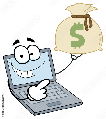 Laptop Cartoon Character Displays Money Bag