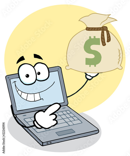 Notebook Cartoon Character Displays Money Bag