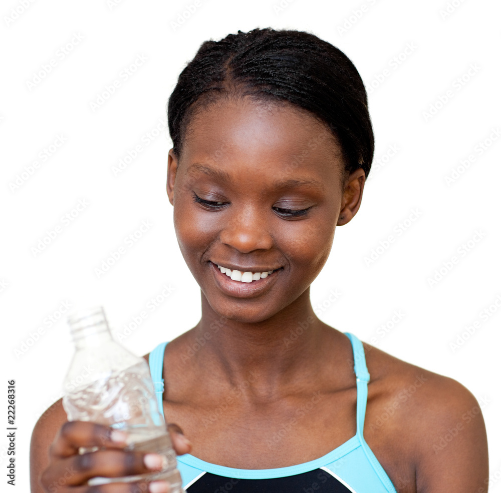 Fototapeta premium Cheerful woman holding a bottle of water